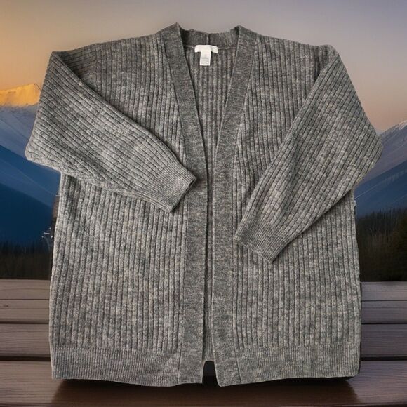 H&M Women’s Ribbed Open Front Cardigan Oversized Wool Blend Gray Size Small - Picture 1 of 16